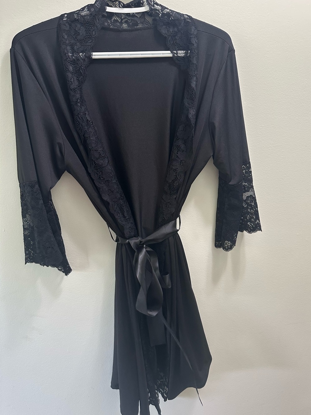 Black Satin Lace Trim Robe Cover-Up | Size Medium
